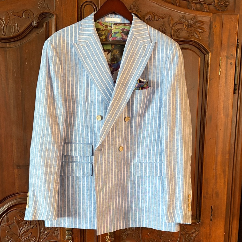 TALLIA Light Blue Striped Double-Breasted Blazer Like New